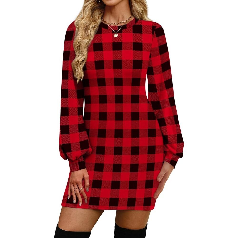 Ofeefan Women Red Plaid Puff Long Sleeve Crewneck Bodycon Ribbed Sweater Dress